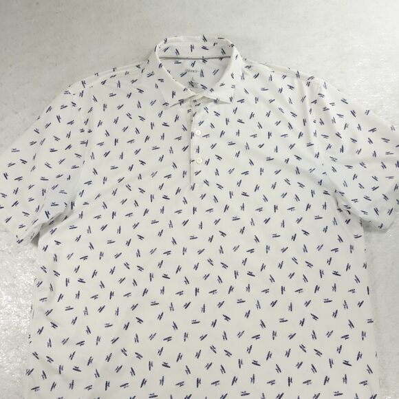 Johnnie O Polo Shirt Mens Large White Blue Golf Surf Logo All Over Print 4 Way - Picture 3 of 12